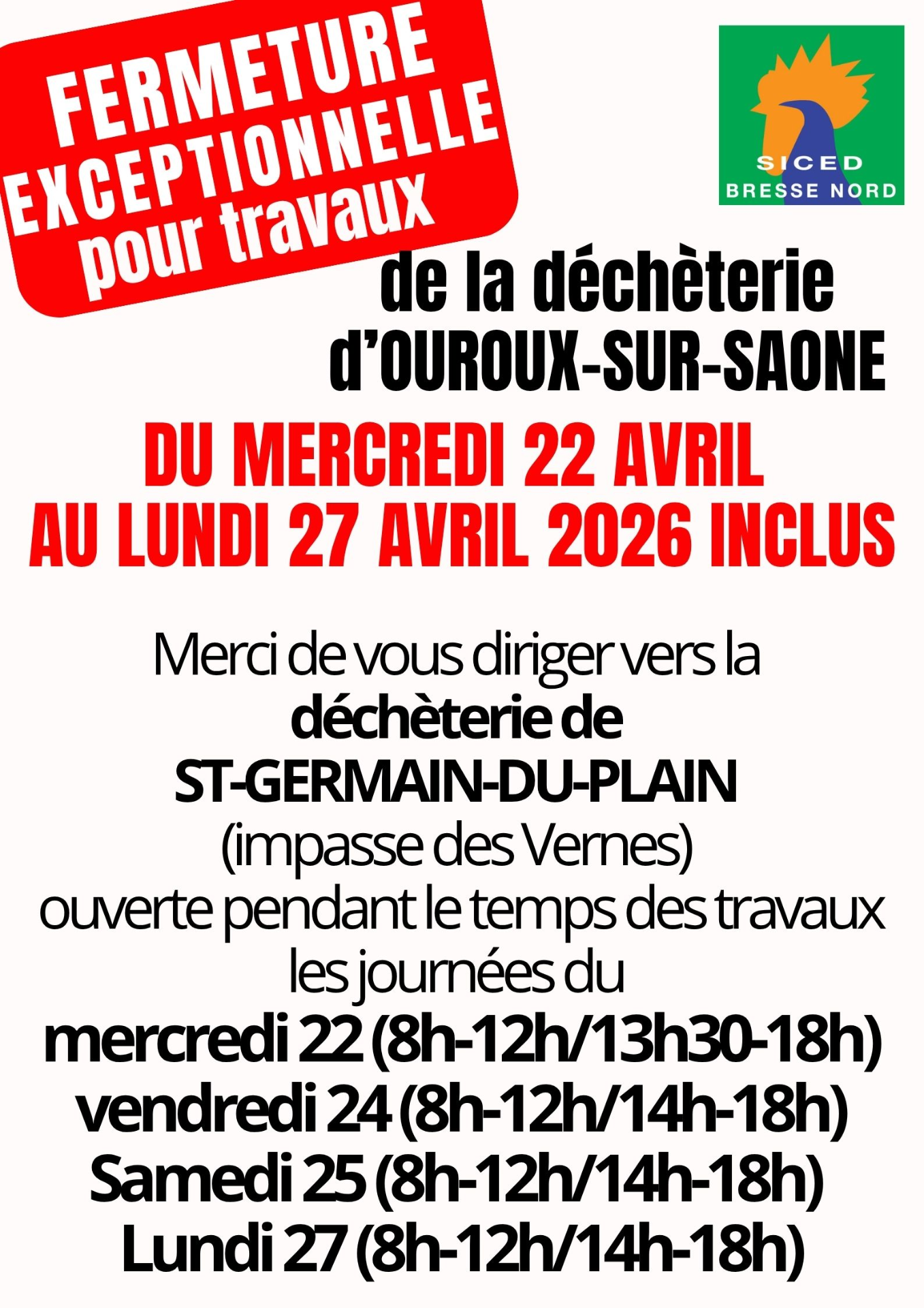 fermeture déchetterie OUROUX